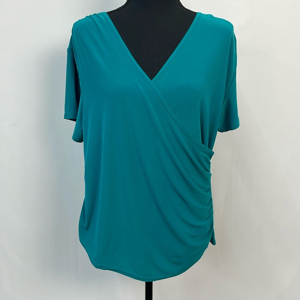 Scott Taylor Wrap Style Elegant Teal Women's Top, Liquid Knit, Size XL
